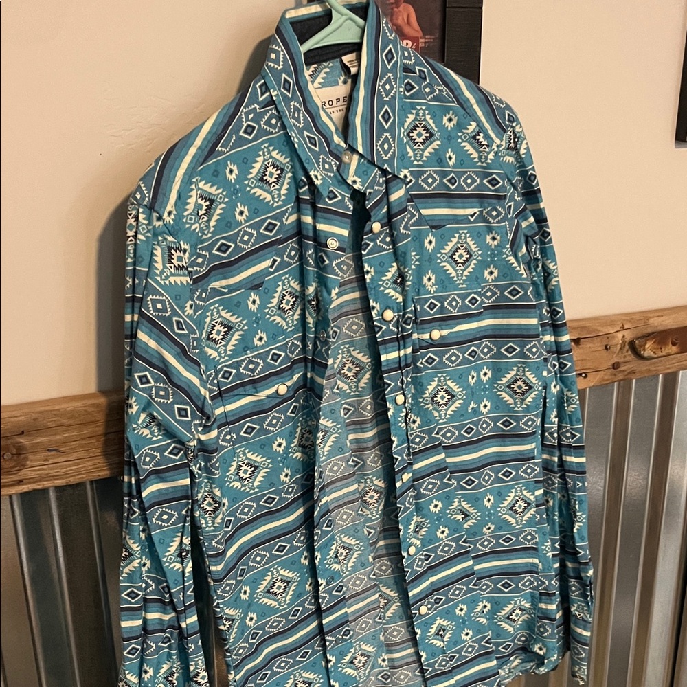 Roper Teal and White Patterned Button Down Shirt